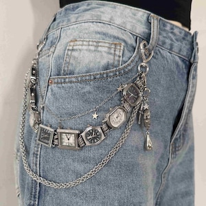 Punk Multiple Clock Dial Jean Chain,Retro Watch Face Pants Chain,Star Charms Pants Chain, Y2K Key Chain,Alt Streetwear Accessory for Jeans