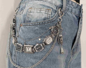 Punk meerdere wijzerplaten jeansketting, retro wijzerplaat broekketting, Star Charms broekketting, Y2K-sleutelhanger, Alt Streetwear-accessoire voor jeans