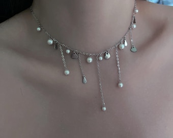 Dainty Pearl & Heart Choker,Silver Dangle Tassel Choker,Fairycore Aesthetic Y2K Delicate Pearl Drop Necklace for Everyday Date Night