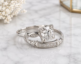2.25ct Vintage Round Moissanite Diamond Bridal Ring Set, Engagement Ring, 14K White Gold Plated