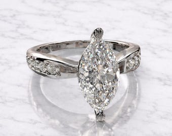 2.60ct Marquise Cut Diamond Engagement Ring, Pave Band Solid 925 Sterling Silver