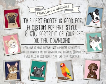 A gift certificate for a CUSTOM pop art portrait of a pet- DIGITAL DOWNLOAD