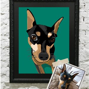 May include: A digital illustration of a black and tan dog with brown eyes, against a teal background. The dog is looking directly at the viewer.