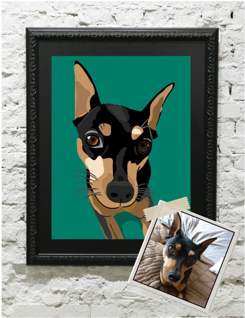 May include: A digital illustration of a black and tan dog with brown eyes, against a teal background. The dog is looking directly at the viewer.