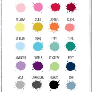 May include: A chart with colour swatches for various colours, including light pink, pink, red, burgundy, yellow, gold, orange, coral, light blue, turquoise, mint, teal, lavender, purple, light green, navy, grey, charcoal, black, and denim. The text "COLOR OPTIONS" is at the top of the chart. The text "*PLEASE KEEP IN MIND COLOURS MAY VARY FROM ONE COMPUTER TO THE NEXT AS WELL AS MAY VARY WHEN PRINTED" is at the bottom of the chart.