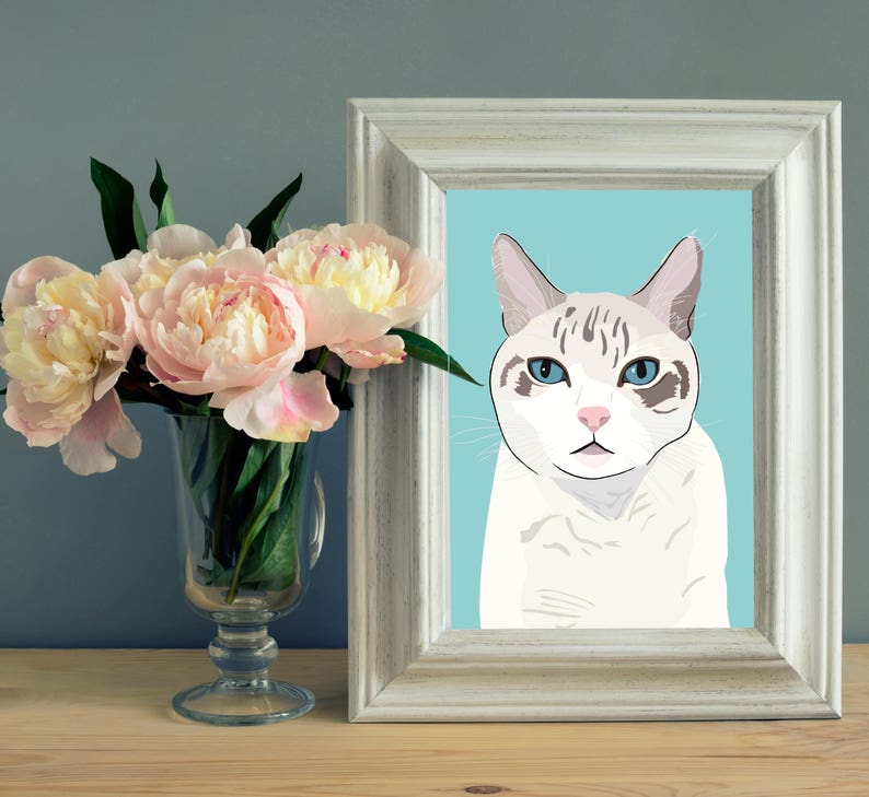 May include: A white and grey cat with blue eyes is looking directly at the camera. The cat is in a white frame with a light blue background.