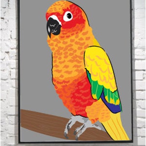 May include: A colourful parrot with red, orange, yellow, green, and blue feathers perched on a brown branch against a grey background.