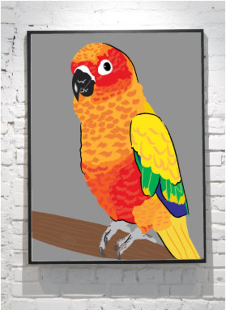 May include: A colourful parrot with red, orange, yellow, green, and blue feathers perched on a brown branch against a grey background.
