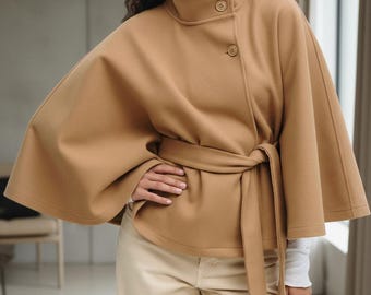Batwing Sleeve Belted Trench Coat, High Neck Winter Outerwear