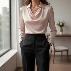 Eleganti camicette da donna con colletto a volant / Top da ufficio in raso / Maglione casual a maniche lunghe