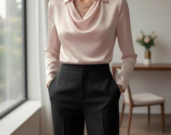 Elegante blouse voor dames met schommelkraag | Satijnen kantoortops | Casual trui met lange mouwen