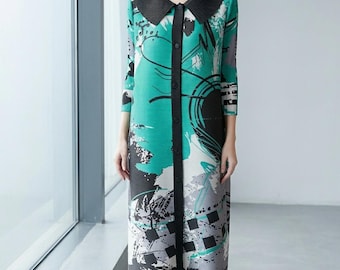 Miyake Pleated Colorblock Shirt Dress | 3/4 Sleeve Lapel Fashion, Spring Summer