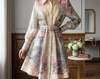 Floral Linen Mini Dress | Lantern Sleeve Lapel Shirt Dress