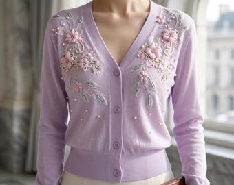 French-Style Elaborate Knit Cardigan for Women | V-Neck Long Sleeves | Chic & Cozy Fashion Layer