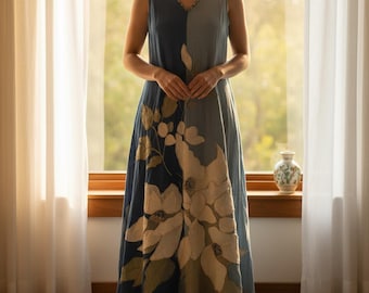 Vintage Floral Linen Dress, Sleeveless Bohemian Art
