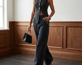 Denim Vest and Wide Leg Pants Set | Sleeveless Button Top, Pockets, Trousers Outfit