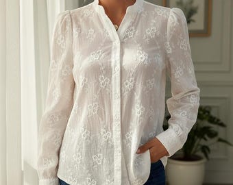 Lace Jacquard Long Sleeve Blouse, Elegant Work Shirt