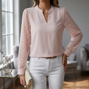 Camisa de gasa con cuello en V y patchwork / Blusa de manga larga de color liso para mujer