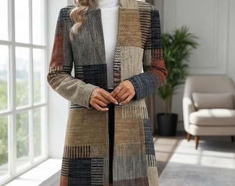 Printed Trench Coat, Stand Collar, Long Sleeve Outerwear