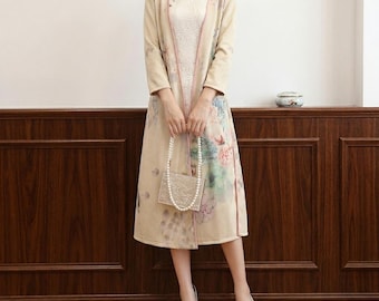 Medium Length Suede Cheongsam Dress | Aodai Style Traditional Outfit