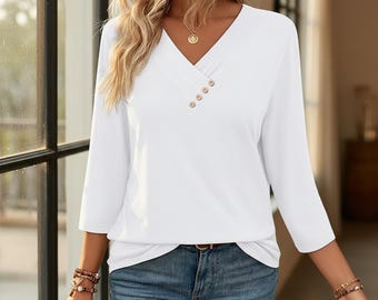 Autumn Button V-Neck T-Shirt | Women's Casual Chic Top