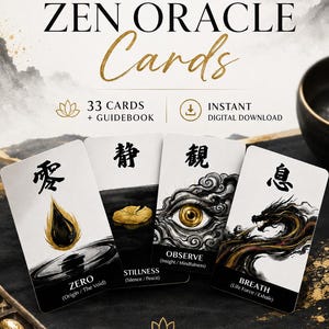 Zen Oracle Cards, 33 Card Deck with Guidebook, Mindfulness Affirmations (Digital Download)