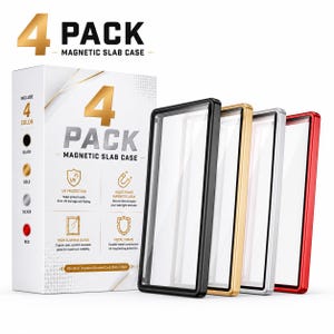 May include: A 4-pack of magnetic slab cases for trading cards, featuring black, gold, silver, and red metal frames with clear high alumina glass. The packaging displays the text 4 PACK MAGNETIC SLAB CASE, UV PROTECTION, and lists features including a multi-point magnetic lock and metal frame construction.