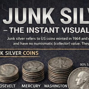 Könnte beinhalten: Eine Infografik über Junk-Silbermünzen mit Stapeln von Roosevelt-, Mercury- und Washington-Münzen. Der Text lautet "JUNK SILVER - THE INSTANT VISUAL GUIDE" und erklärt, dass es sich um US-Münzen handelt, die 1964 oder früher geprägt wurden.