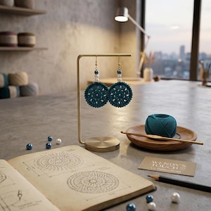 Op de afbeelding: Teal gehaakte oorbellen met witte kralen hangen aan een gouden standaard. Een bol teal garen, een haaknaald en een patroonboek liggen op een tafel. De oorbellen zijn cirkelvormig.