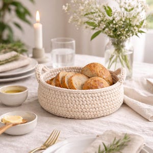 Peut inclure: Un panier en osier crème rempli de tranches et de petits pains entiers est posé sur une table dressée pour un repas. Le panier a deux poignées. D'autres éléments sur la table comprennent des assiettes, des couverts et un vase de fleurs blanches.