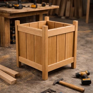 May include: A light brown wooden planter box with vertical planks and corner posts. The box is square and sits on short legs. Tools like a hammer, drill, and square are scattered around the planter, suggesting woodworking.