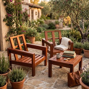 Może przedstawiać: Dwa drewniane krzesła ogrodowe i mały stolik ustawione są na kamiennym patio. Krzesła i stół mają ciepły brązowy kolor. Na jednym krześle leży koc. Na stole stoi kubek, książki i skórzana torba. Meble otaczają rośliny doniczkowe.