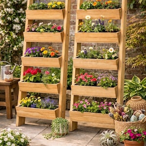 May include: Two wooden ladder planters, each with five rectangular boxes filled with colorful flowers. The planters are outdoors, set on a stone patio, with other potted plants and a brick wall in the background.