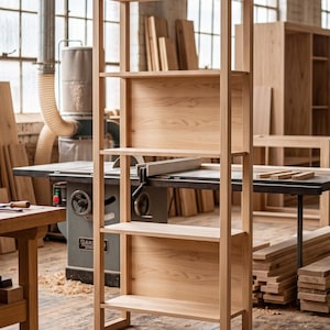 May include: A tall, rectangular wooden shelving unit featuring four horizontal shelves and a light natural wood grain finish. The structure is composed of vertical side supports and horizontal crossbars, creating an open frame design.