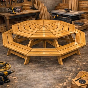 Plany ośmiokątnego stołu piknikowego | Okrągły drewniany stół ogrodowy DIY (pobierz plik PDF)