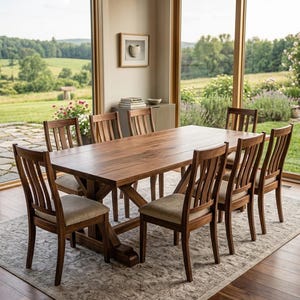 May include: A wooden dining table with eight matching chairs. The table has a dark wood finish and a cross-beam base. The chairs have upholstered seats and slatted backs. The set is placed on a patterned rug in a room with large windows.