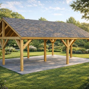 May include: A wooden outdoor pavilion with a gabled roof. The roof is covered in gray shingles. The pavilion has several wooden support beams and is set on a concrete slab. The surrounding area is green grass and trees.