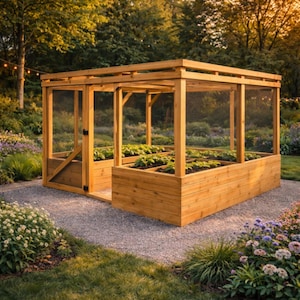 May include: A wooden greenhouse with a rectangular frame and mesh sides and roof. The structure has a door and contains two raised garden beds filled with plants. The greenhouse is set on a gravel path surrounded by greenery.