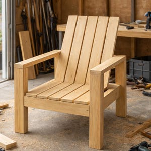 May include: A wooden outdoor chair with a slatted seat and backrest. The chair has armrests and is made of light-colored wood. The chair is in a workshop setting, with tools and wood scraps visible in the background.