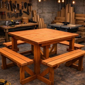 Può includere: Un tavolo da picnic quadrato in legno con panche attaccate. Il tavolo e le panche sono in legno marrone chiaro. Il tavolo misura circa 122 cm quadrati, con panche su ogni lato. Lo sfondo mostra un'officina con attrezzi e legno.