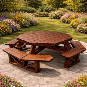 May include: A wooden octagonal picnic table with attached benches. The table and benches are made of stained wood and are set on a stone patio. The background features a lush green lawn and colorful flower beds.