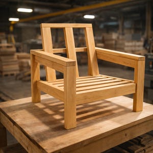 Może przedstawiać: Jasny drewniany fotel z podłokietnikami, siedziskiem z listew i prostokątnym oparciem. Krzesło wykonane jest z litego drewna i stoi na drewnianej powierzchni. Design krzesła jest prosty i nowoczesny, odpowiedni do użytku wewnątrz i na zewnątrz.