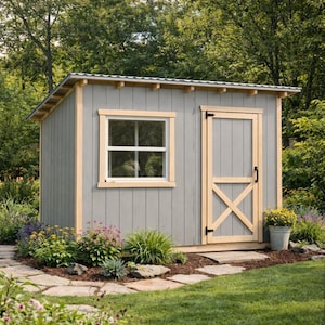 May include: A small, gray garden shed with a light-colored trim, window, and door. The door features an X-shaped design. The shed is surrounded by lush greenery, including flowers, shrubs, and a stone pathway, creating a charming outdoor space.