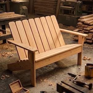 May include: A handcrafted wooden Adirondack chair with a natural finish. The chair features a slatted back, wide armrests, and a sturdy frame. The chair is made of light-colored wood and is surrounded by woodworking tools and materials in a workshop setting.
