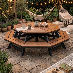 Progetti per tavoli da picnic ottagonali / Tavolo da giardino rotondo in legno fai da te (download PDF)