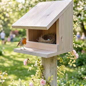 May include: A light-colored wooden birdhouse with a slanted roof mounted on a post. Inside the open structure sits a small woven nest containing a single light blue egg. A small bird with a bright orange breast and grey wings stands on the ledge.
