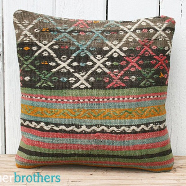 Handwoven Wool Vintage Turkish Kilim Pillow Cover, Throw Pillow