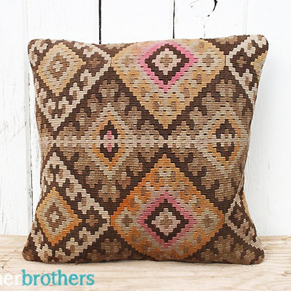 Handwoven Wool Vintage Turkish Kilim Pillow Cover, Throw Pillow