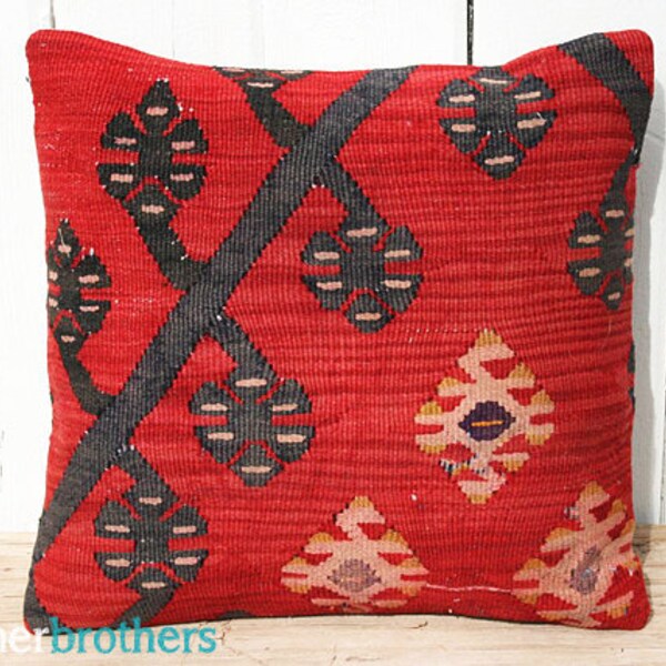 Antique Red Handwoven Wool Vintage Turkish Kilim Pillow Cover, Throw Pillow 16 x 16