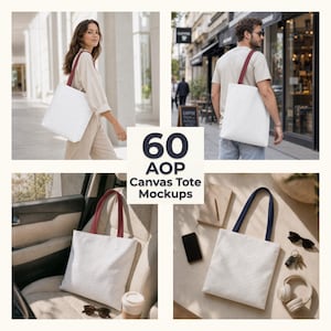 Peut inclure: Une collection de 60 modèles de sacs fourre-tout en toile AOP, présentant des sacs blancs avec des bretelles rouges ou bleu foncé. Les images montrent les sacs dans divers environnements, notamment des rues, un intérieur de voiture et un bureau.